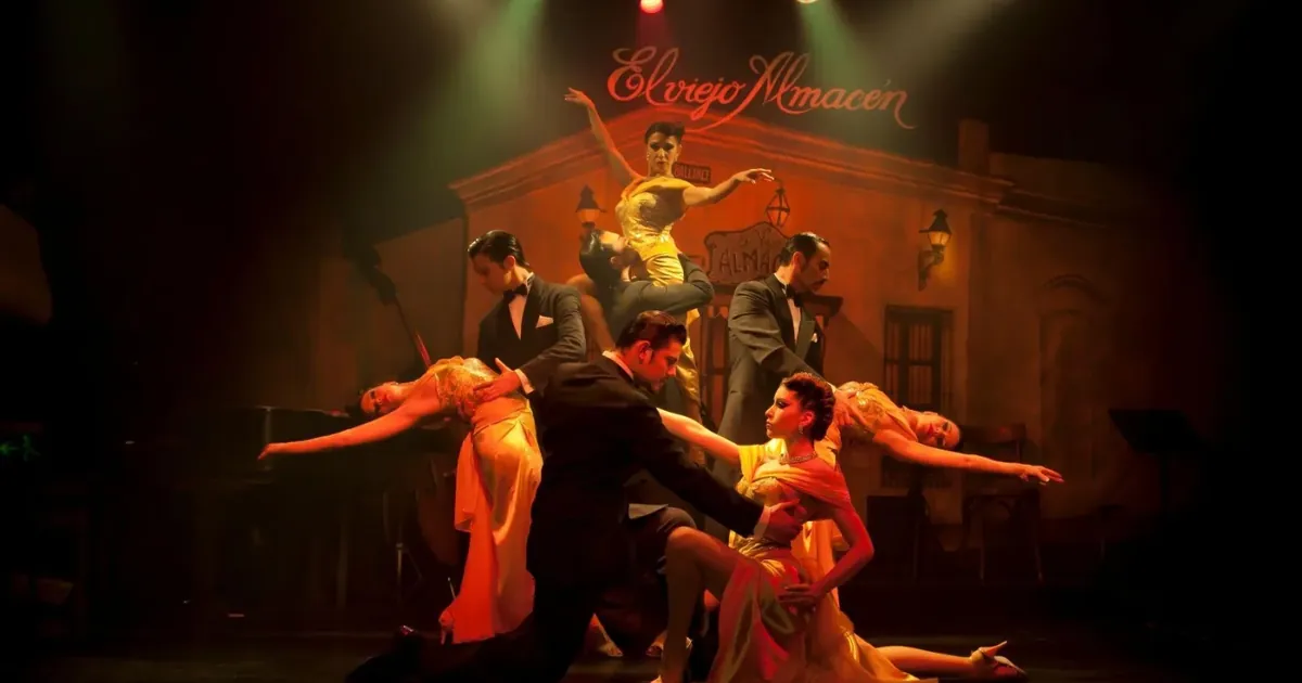 Tango dancers on stage beneath the El Viejo Almacén sign in San Telmo, Buenos Aires